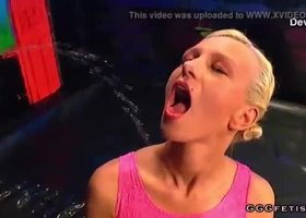 Sexy blonde gives cum swallowing